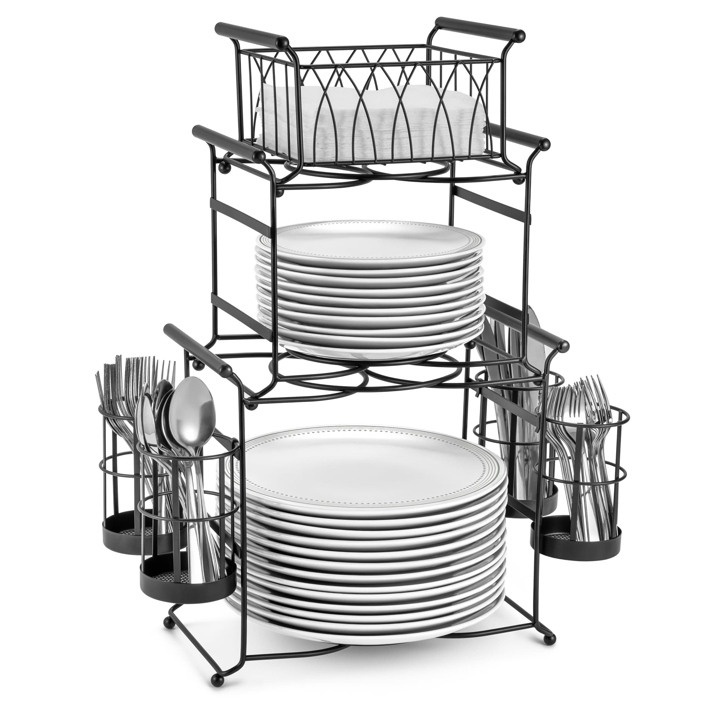 Sorbus Buffet Caddy 7-Piece Stackable Set - Plate, Napkin, and Silverware Holder, 3-Tier Detachable Tabletop Organizer for Kitchen, Dining, Entertaining, Parties, Thanksgiving (Black)