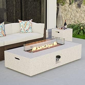 - 2-Piece Outdoor Propane Fire Table Set, Rectangle Concrete 56-inch x 28-inch Fire Pit (Certified, 50,000 BTU) w 20lb Tank Table, Wind Guard, Waterproof Cover for Garden, Porch, Backyard