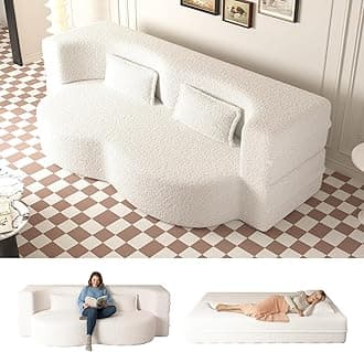 CAPCAEK Folding Sofa Bed,15" Full Size Boneless Couch for Living Room, Convertible Teddy Fabric Foam-Filled Sleeper Futon Loveseat Couch for Living Room, Guest Use, Office, Apartmen (Beige)