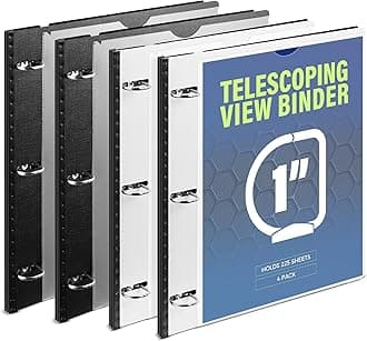 WOT I 1 Inch Telescoping 3 Ring Binder 4 Pack, Expandable Flexible Binder with Customizable Front Cover & Clear Catalog Pocket, Holds 225 Sheets, School Office Supplies, Black+White