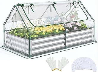 Quictent 6x3x1ft Galvanized Raised Garden Bed with Cover Metal Planter Box Kit, w/ 2 Large Screen Windows Mini Greenhouse 20pcs T Tags 1 Pair of Gloves Included Outdoor Growing Vegetables (Clear)