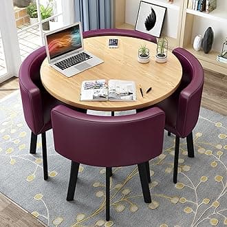 Round Kitchen Dining Table Set for 4, Space Saving Table and Chairs Set with Thick Tabletop 4 Upholstered Chairs, Dinning Room Modern Casual Coffee Table Set(D 31.5inch/80cm, PU Purple)
