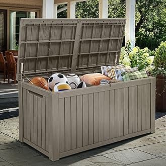 YITAHOME 180 Gallon XL Outdoor Storage Deck Box with Divider, Waterproof & Lockable, Ideal for Patio Furniture and Garden Tools, Resin-Built, Wood-Like Texture, BrownGlobal Recycled StandardGlobal Recycled StandardGlobal Recycled Standard