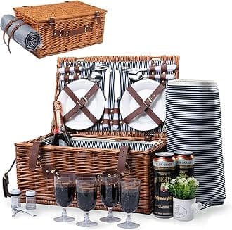 Picnic Basket for 4 Wicker Picnic Set with Large Insulated Cooler Compartment...