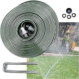 Watoo 2026 Sprinkler Hose & Soaker Hose for Yard - 75 FT Reinforced Flat Garden Hose with Holes, Heavy Duty No-Kink Lawn Irrigation Hose (Includes Stakes, High Pressure Spray)