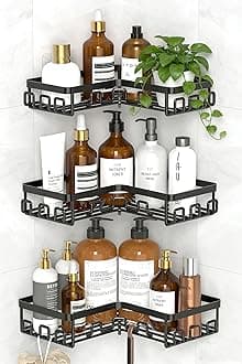 Kegii 3-Piece Corner Shower Caddy - Black Corner Shower Shelf Self Adhesive Bathroom Shelf Stainless Steel Bathroom Shampoo Holders