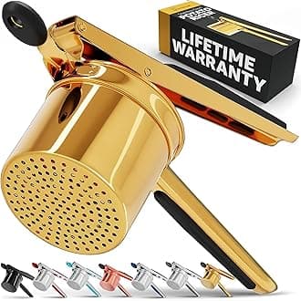 Large 15oz Potato Ricer, Heavy Duty Stainless Steel Potato Masher and Ricer Kitchen Tool, Press and Mash Kitchen Gadget For Perfect Mashed Potatoes - Everytime, Gold and Black