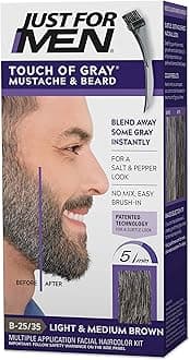 Touch of Gray Mustache & Beard, Beard Coloring for Gray Hair with Brush Included for Easy Application, Great for a Salt and Pepper Look - Light & Medium Brown, B-25/35, Pack of 1