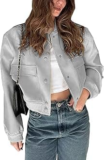 Womens Cropped Bomber Jacket Button Down Varsity Jackets Shackets with Pockets