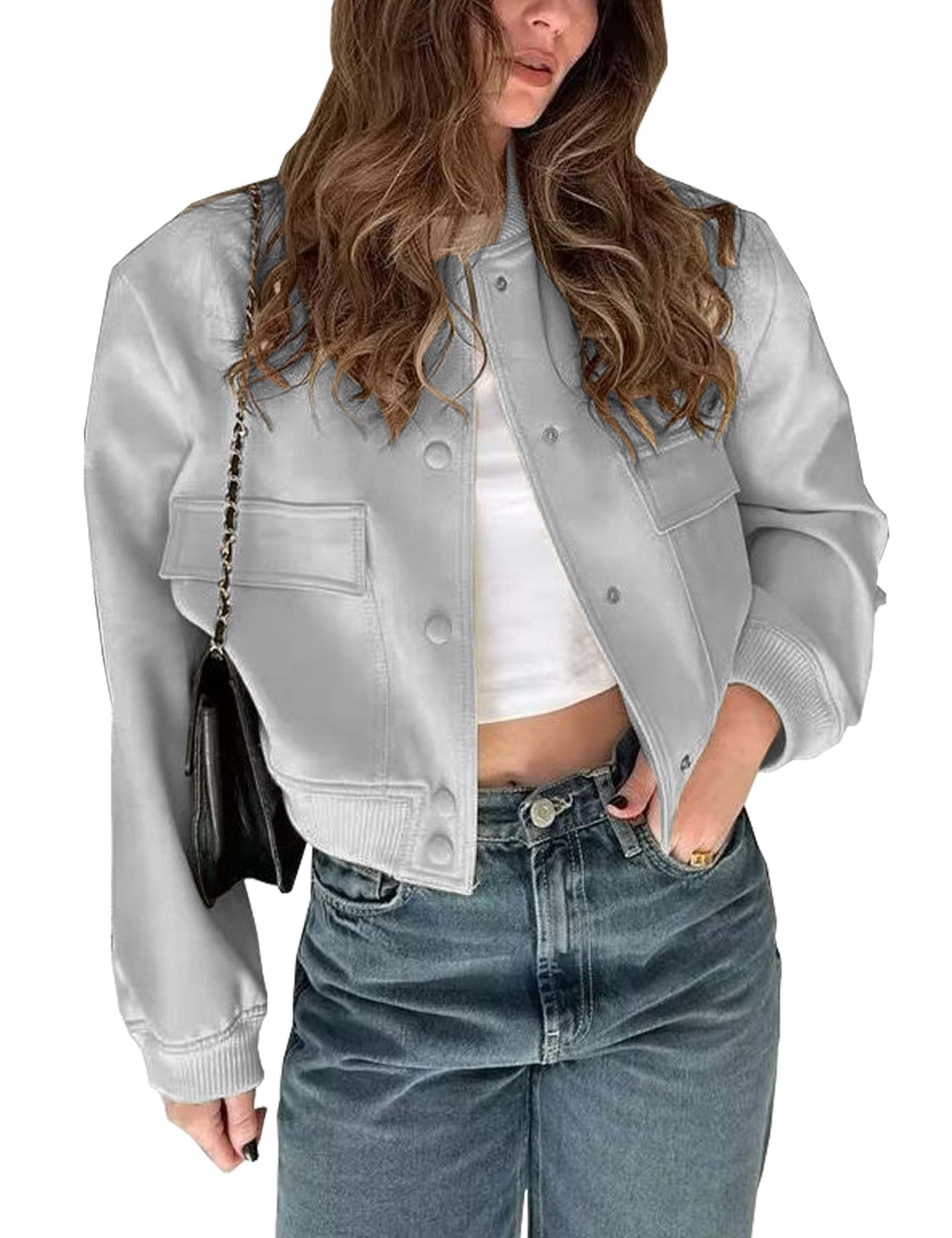 Womens Cropped Bomber Jacket Button Down Varsity Jackets Shackets with Pockets