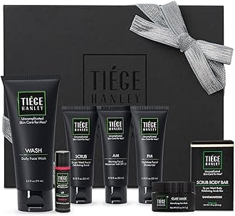 Tiege Hanley Mens Skin Care Gift Box Set, Silver - Men's Skincare Set Includes Face Wash, AM & PM Facial Moisturizer, Face Clay Mask & Scrub, Body Scrub Bar, & Moisturizing Lip Balm