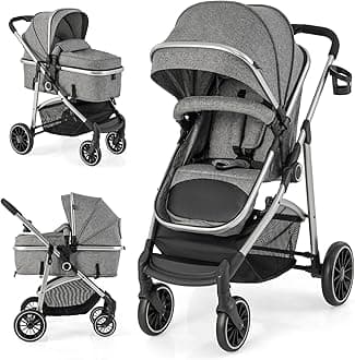 BABY JOY 2 in 1 Convertible Baby Stroller, High Landscape Baby Stroller w/Reversible Seat, Removable Footmuff, Adjustable Backrest & Canopy, Foldable Infant Pram Stroller for 0-36 Months Babies, Gray
