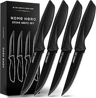 Home Hero Steak Knife Set - Effortless Cutting & Serrated Steak Knives - Rust-Resistant Stainless Steel Blades & Cutlery Set - Comfort-Grip Handles & Kitchen Knife Set - Pack of 4, Black