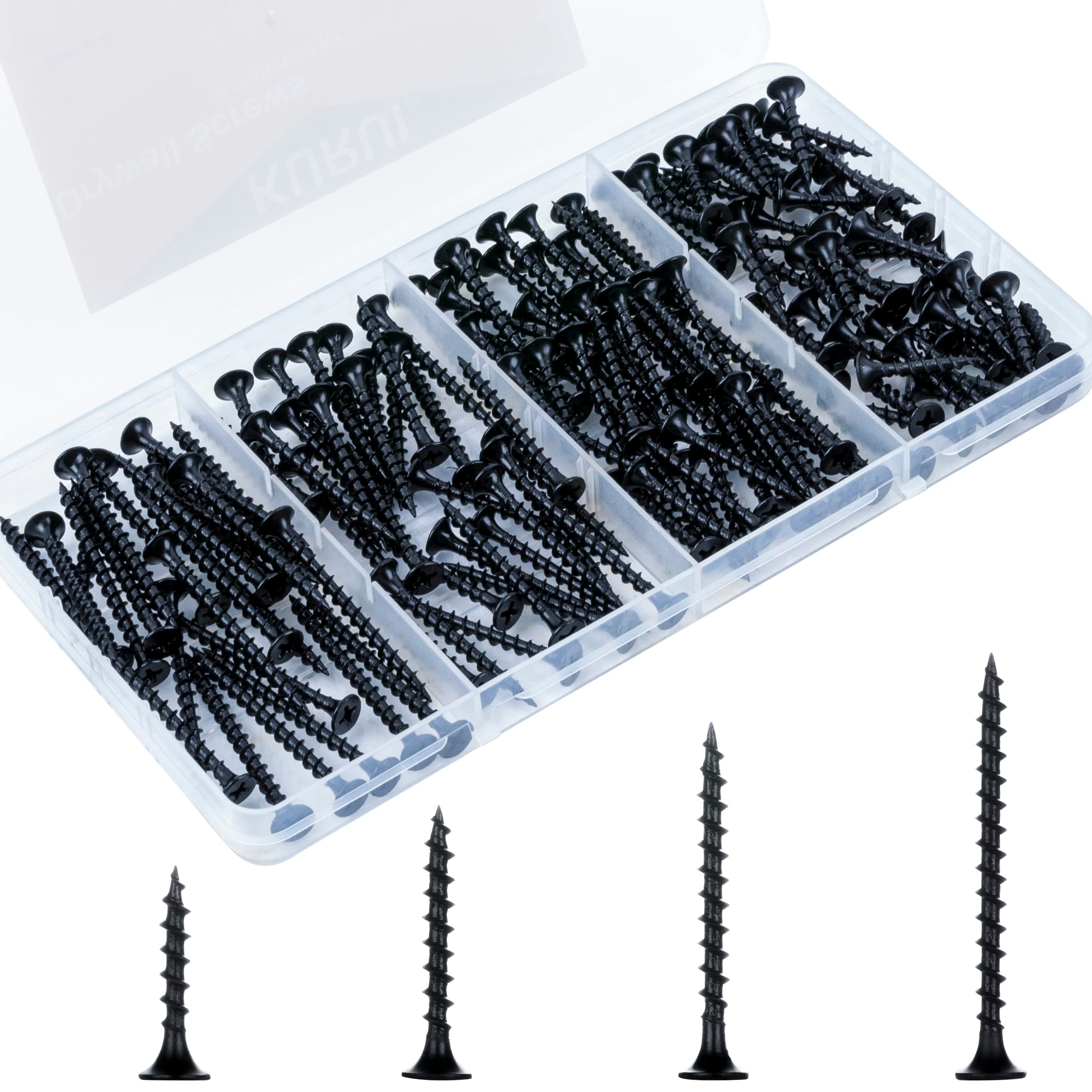KURUI Drywall Screws Assortment Kit, #6 Black Wood Screws for Sheetrock,165pcs Picture Hanging Kit for Frame Painting Art Photo, Phillips Coarse Dry Wall Screw 4 Sizes 1",1-1/4",1-5/8",2"