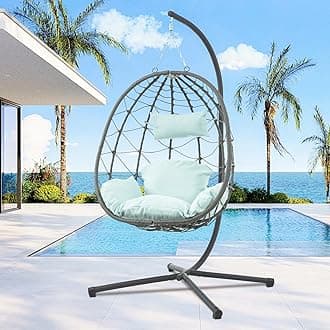Egg Chair Indoor Outdoor, Foldable Hanging Egg Chair with Stand, Patio Swing Egg Chairs, UV Resistant Removable &Washable Thicken Padded Cushions, 350LBS Capacity for Bedroom, Balcony Blue