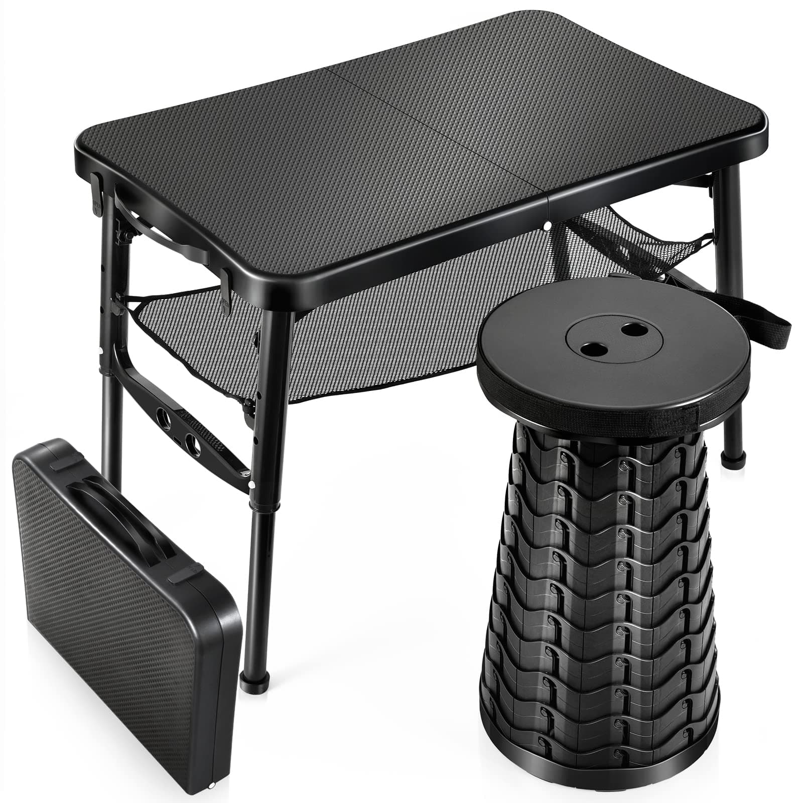 Retractable Small Folding Table and Stool Set, Portable Camping Foldable Table Lightweight Yet More Sturdy with Adjustable Stool for Outdoor Picnic, Beach, Camp, Also Ideal as Laptop Bed Desk