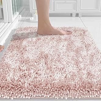 Yimobra Bathroom Rug, Chenille Extra Soft and Absorbent Shaggy Bath Mat, Non Slip, Machine Washable Dry, Plush Floor Carpet for Tub, Shower and Bath Room (17 Inches X 24 Inches, Pink)
