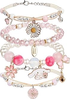 DS4PCS Beaded Charm Bracelets for Teen Girls Dainty cute cartoon Crystal Beads Pearl Bracelets anklets set for woman and girls Adjustable Stretch bracelet birthday Gift For Friends