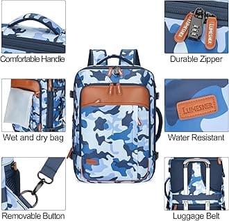 Travel Backpack 42L Carry on Backpack Flight Approved Expandable Travel Backpack Carry on Backpack Luggage Daypack (Blue Camouflage)