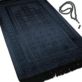 Modefa Velvet Prayer Rug - Soft Plush Turkish Janamaz Sajada Carpet for Men and Women - Plain Solid Prayer Mat Ramadan Eid Gift - with Prayer Beads - Luxury Floral Stamp (Black)