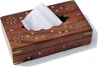 Pure Source India Handmade Wooden Napkin Holder with Brass Inlay, Decorative Handmade Wood Flowers Design Brass Inlay Tissue Rack for Facial Napkins Box