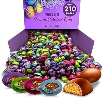 Reeces Peanut Butter Eggs In Pastel Color Foil Wrapped 5 Pound (80oz) - Individually Wrapped Chocolate Easter Candy Egg In Color Pastel Foil - Reeces Eggs Peanut Butter Creme Center Coated In Smooth Milk - Reeces Blue , Pink, Green & Purple Foil Wrapped With Smooth Milk Chocolate and Peanut Butter Creme Center - Ideal Easter Basket Stuffers Easter Basket and Easter Treats Easter Candy Eggs Easter Snacks