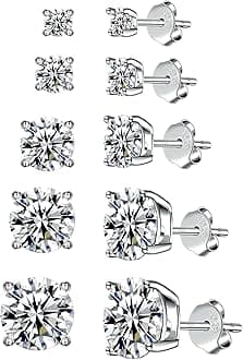 925 Sterling Silver Stud earrings Set | White Gold Plated Hypoallergenic Stud Earrings | Cubic Zirconia Stud Earrings for Women (2mm,3mm,4mm,5mm,6mm,7mm) 8 CZ colors options