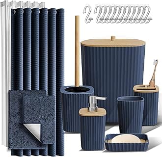 – Clara Clark Bathroom Accessories Set - Bathroom Accessory Set with Shower Curtain Set, Toilet Brush, Trash Can & Soap Dispenser & Rugs (Navy Blue, Complete Set + Bath Rugs)