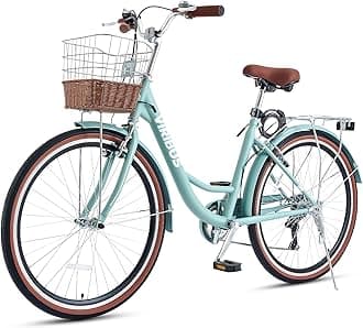 Women's Comfort Bike, 61 cm 7 Speed Bicycle for Women, 24 Inch Beach & City Cruiser Bike with Shimano Derailleur Rattan Basket Steel Rack, Step Through Bike for Women Adults Youth