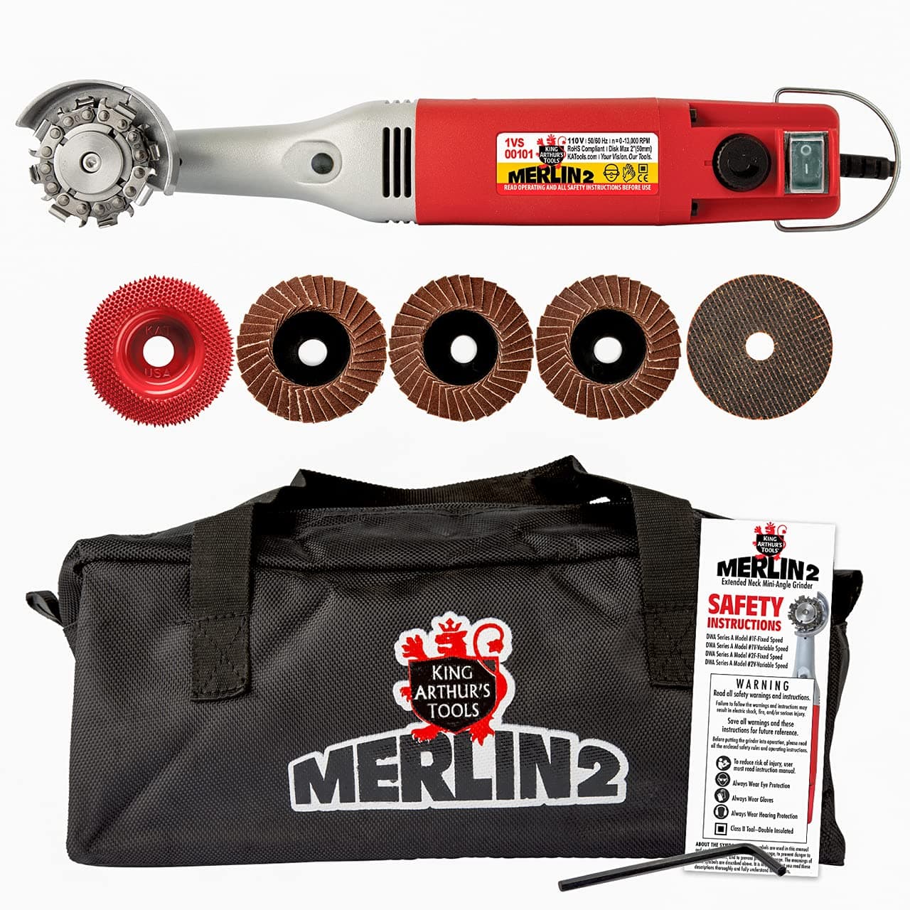 King Arthur's Tools Universal Carving Set, MERLIN2 Handheld Variable Speed Mini Angle Grinder Power Tool with 6 Accessories – For Woodworking, Cutting, Sanding, Grinding, Carving, Engraving # 10005