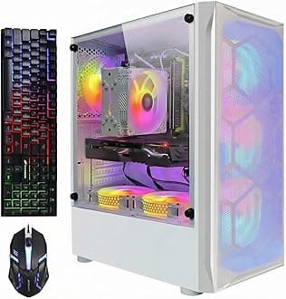 STGAubron Gaming PC Desktop Computer, Intel i7 Xeon E5 up to 3.3G, Radeon RX 590 8G, 32G Memory, 1TB SSD, WiFi 6, BT 5.0, RGB Fan x 6, Windows 11 Home, White