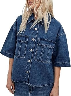 Imily Bela Womens Oversized Short Sleeve Denim Jackets Trendy Cropped Jean Tops Shackets