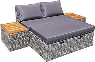 Devoko Patio Day Bed with 2 Side Tables Outdoor Daybed Set MultifunctionalRattan Lounge Bed for Backyard Porch Poolside Lawn Beach (Gray)
