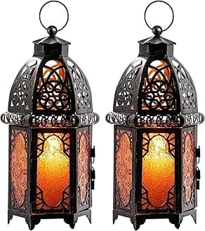 DECORKEY Set of 2 Vintage Large Decorative Moroccan Candle Lantern, 12.8’’ Metal Hanging&Tabletop Lantern Candle Holder Decor, Christmas Decorations Indoor Outdoor Patio (Amber) Ramadan Decorations