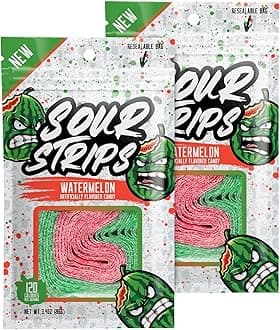 Watermelon Flavored Sour Candy Strips | Deliciously Sour Chewy Candy Belts | Vegan Friendly Candies, 12 Strips per Pack, 2 Pack