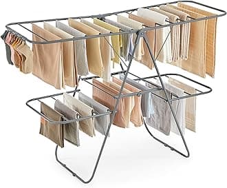SONGMICS Clothes Drying Rack, Foldable 2-Level Laundry Drying Rack, Free-Standing Laundry Airer, with Height-Adjustable Wings, 33 Drying Rails, Sock Clips, Gray ULLR053G02V1
