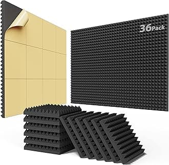 Upgraded 36 Pack Self-Adhesive Sound Proof Foam Panels for Walls 2" X 12" X 12"， Fast Expand Acoustic Panels with High Density, Pyramid Soundproof Wall Panels for Studio and Home Noise Reduction Black