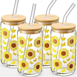 DWTS DANWEITESI Glass Cups with Lids and Straws with Design Sunflower 4 pcs,Clear Glass Cups 16 oz-DWTS Drinking Glasses Set,Glass Tumbler,Cute Design Glass Iced Coffee Cups with Lids and Straws