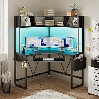 Corner Desk, Small Computer Desk with Hutch & LED Lights, Triangle Corner Gaming Computer Desk with Keyboard Tray, Storage Bag, and Headphone Hook for Small Space, Home Office Desk, Black