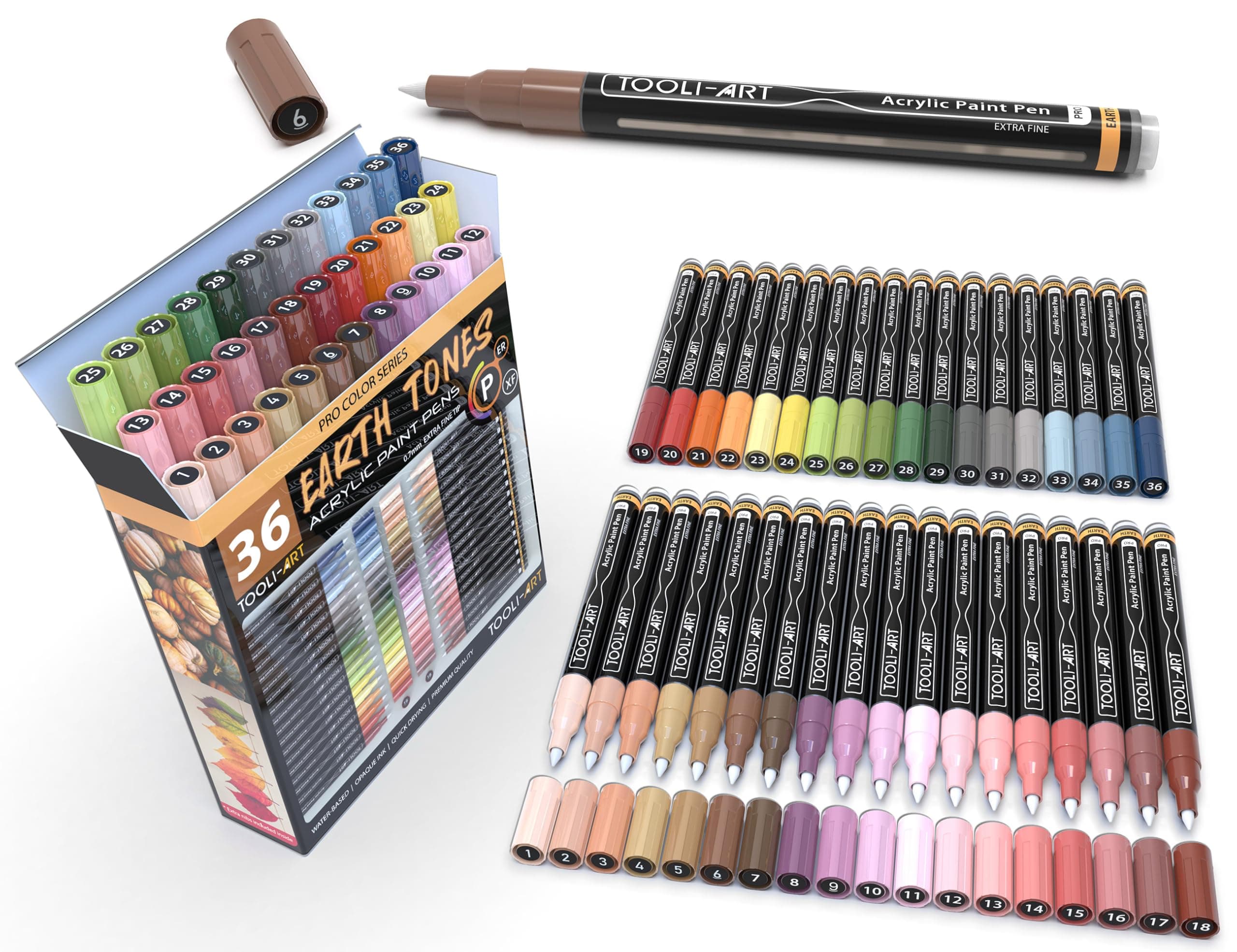 36 Acrylic Paint Pens Skin and Natural Earth Tone Marker Set For Rock Painting, Canvas, Mugs, Glass, Plastic, Wood, Metal, Fabric, Scrapbooking, Most Surfaces, Quick Drying, Waterbased (EXTRA FINE)