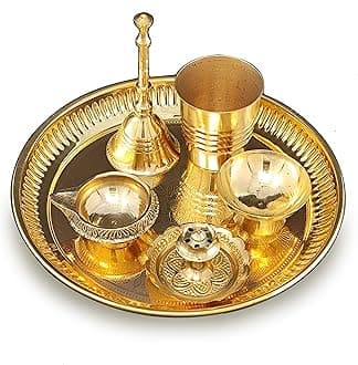 Brass Pooja Thali Set 6 Inch Puja Thali with Pital Plate Glass Chandan Vati Dhup Dan Kuber Diya Ghanti Arti Thali for Diwali Home Office Mandir Wedding Return Gift Items
