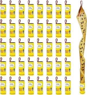 Dwcom 40 Packs Fly Strips, Fly Traps Indoor/Outdoor for Home Hanging, Fly Ribbon Tape Paper, Sticky Gnat Killer Traps Catcher for Fruit Flies, Bug, Insect, Pest, Mosquito, Plant