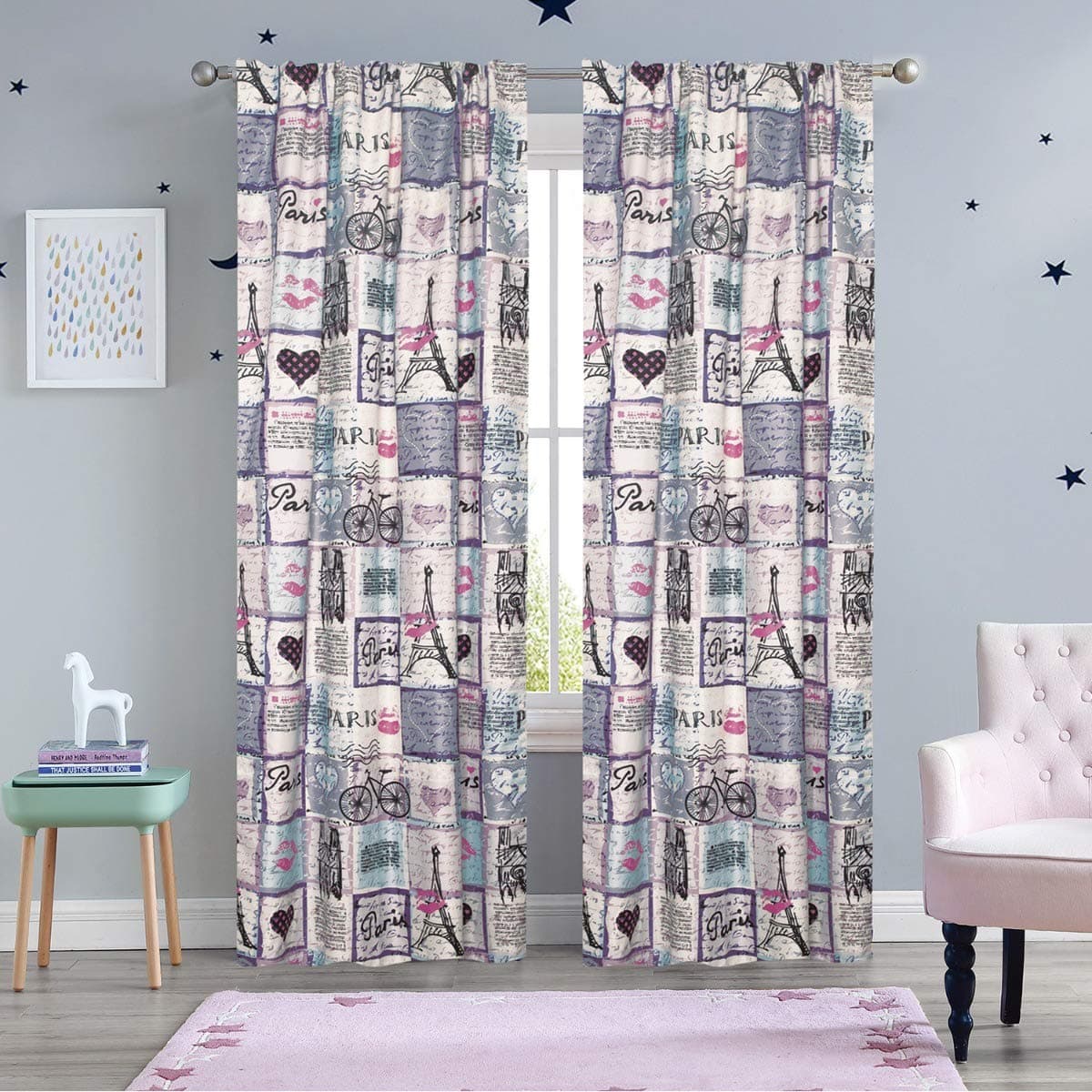 HowPlum 84-in. Paris Patchwork Window Curtains 2-Panel Pair Set with Rod Pocket Header Eiffel Tower Hearts, Purple Pink