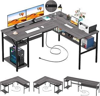 L Shaped Computer Desk with USB Charging Port and Power Outlet, Reversible L-Shaped Corner Desk with Storage Shelves, Industrial 2 Person Long Gaming Table Modern Home Office Desk, Black Oak