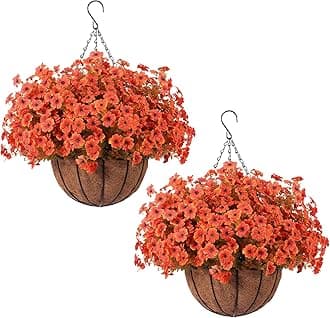 Hananona 24 Pcs Artficial Outdoor Flowers with Hanging Baskets, Orange Fall mums 2 Pack Hanging Planter with Outdoor Fall Flowers for Autumn Porch Garden and Home Patio Yard Decor (2, Orange)