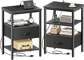 Nightstand Set of 2, Bed Side Tables with Charging Station, Adjustable Fabric Drawer, Night Stand for Bedroom, 3-Tier Storage End Tables, Black