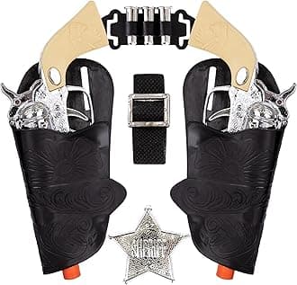 Cowboy Toy Gun Holster and Belt 9 Piece Set for Kids. 2 Toy Pistols, 1 Sheriff Badge, 2 Gun Holsters, and 3 Play Bullets, 1 Adjustable Belt, Old Western Action Belt for Sheriff