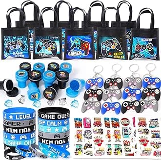Gaming Party Bag Fillers Video Game Party Favours Black Party Bags Keychain Luminous Tattoo Sticker Silicone Bracelet Stamps Gamer Birthday Party Supplies Pinata Goodie Bag Fillers for Kids Boys