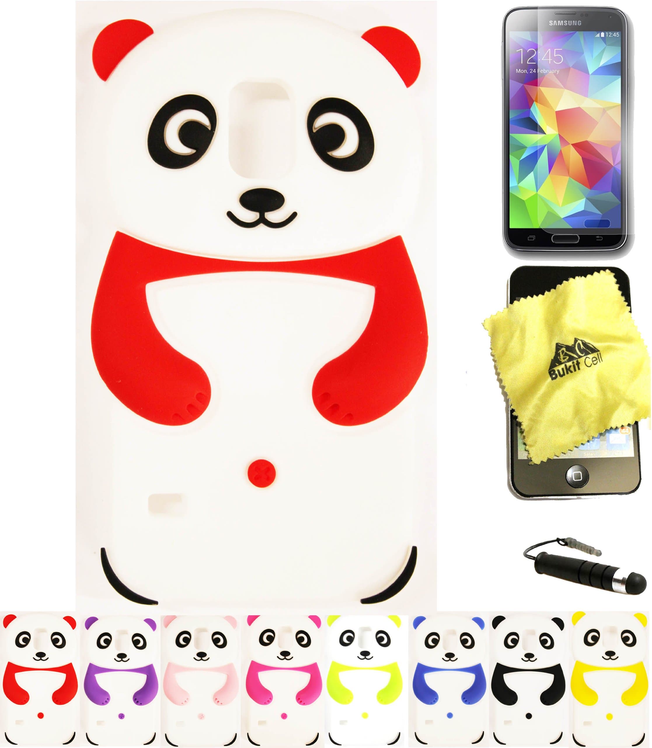 ® Galaxy S5 Panda Bundle - 4 Items: Bukit Cell ® RED 3D Panda Soft Silicone Case for Samsung Galaxy S5 V i9600, Bukit Cell ® Cleaning Cloth, Screen Protector and Metallic Stylus Touch Pen with Anti Dust Plug