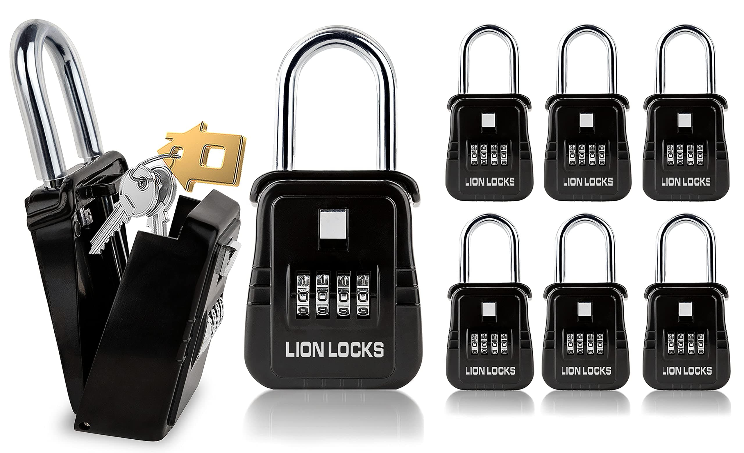 Lion Locks 1500 Key Lock Box with Code, Lockbox for Keys Outdoor, Realtor Lock Box for Short-Term Rentals, Holds 5 Keys (6 Pack, Black)